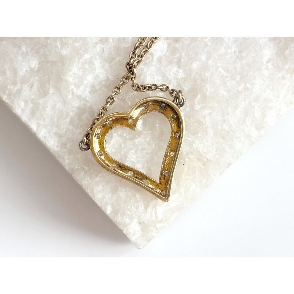 Heart Shaped Rhinestone Sterling Silver Gold T Vintage Pendant Necklace - 17" - Picture 3 of 11
